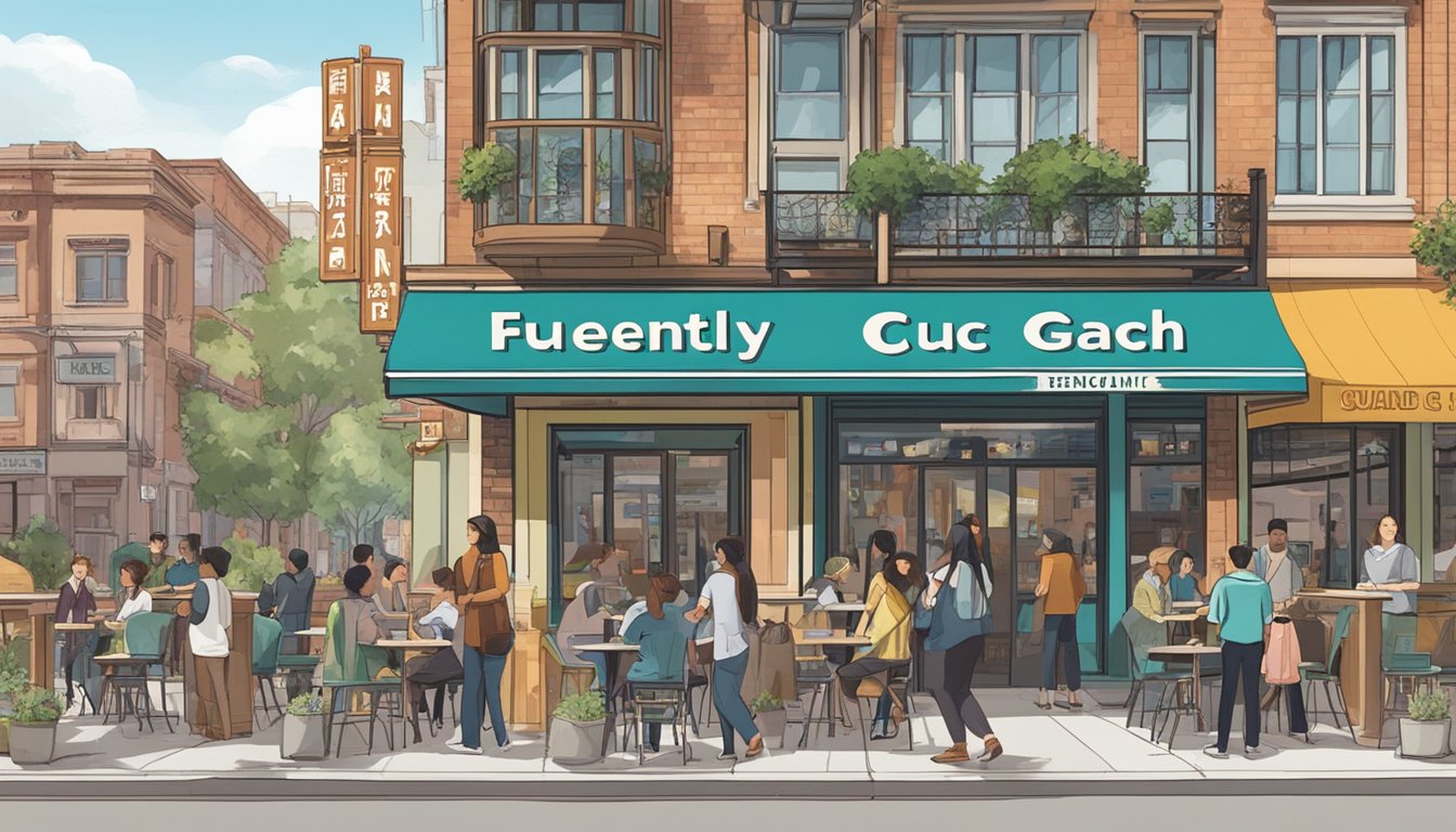 The restaurant's sign reads "Frequently Asked Questions" in bold letters, with the name "cuc gach quan" underneath. The scene is set in a bustling urban area with people passing by