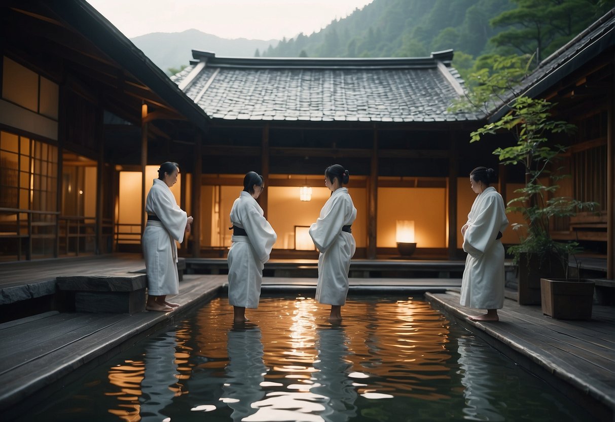 Guests bow before entering onsen. Shoes removed, robes donned. Quiet whispers fill the air. Steam rises from the hot spring. Peaceful ambiance