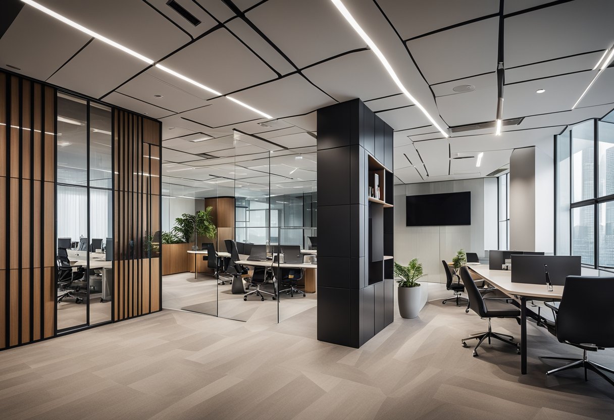 A sleek, modern office space with clean lines and geometric patterns in the paneling, creating a sense of style and purpose in the design