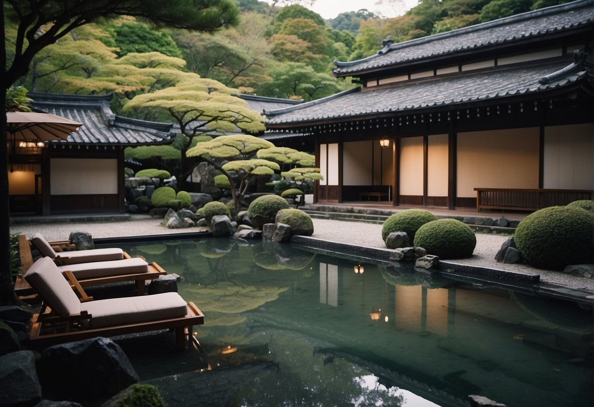 A serene spa in Kyoto, with traditional architecture and lush gardens. Visitors relax in hot springs and enjoy traditional treatments
