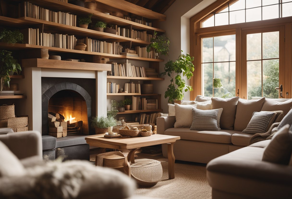 A cozy cottage living room with a comfortable sofa, wooden coffee table, and bookshelves filled with various items. Sunlight streams in through the window, casting a warm glow on the room