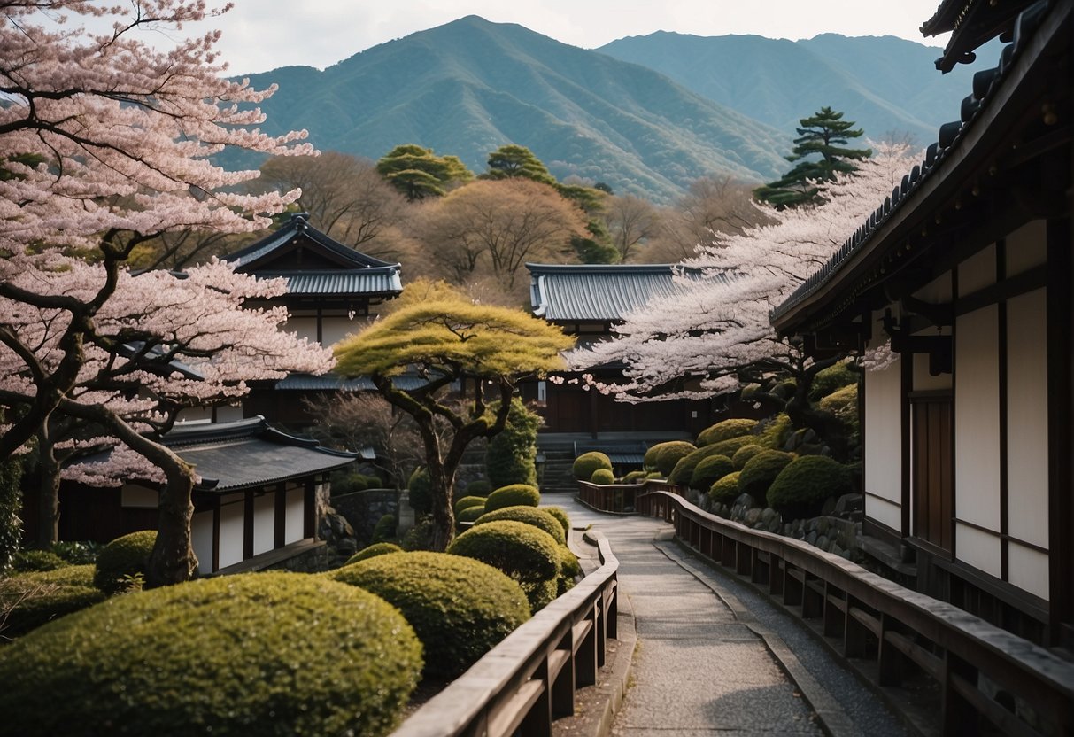 Mountains and traditional Japanese buildings line the path from Kyoto to Hakone, with cherry blossom trees in full bloom