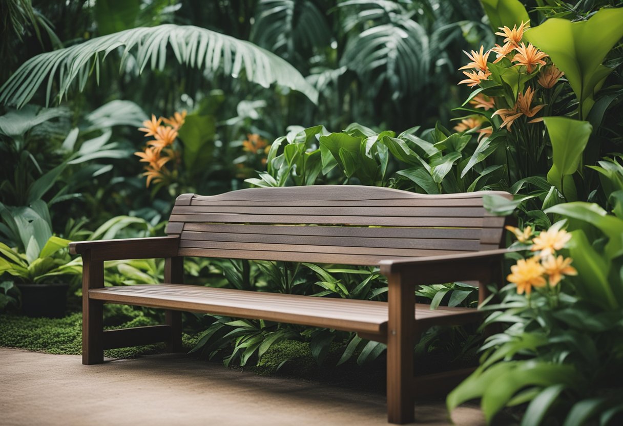 A wooden bench sits in a lush garden in Singapore, surrounded by tropical plants and colorful flowers