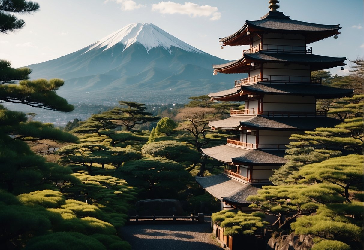 Mount Fuji stands tall in the distance, surrounded by lush greenery and traditional Japanese architecture in Kyoto