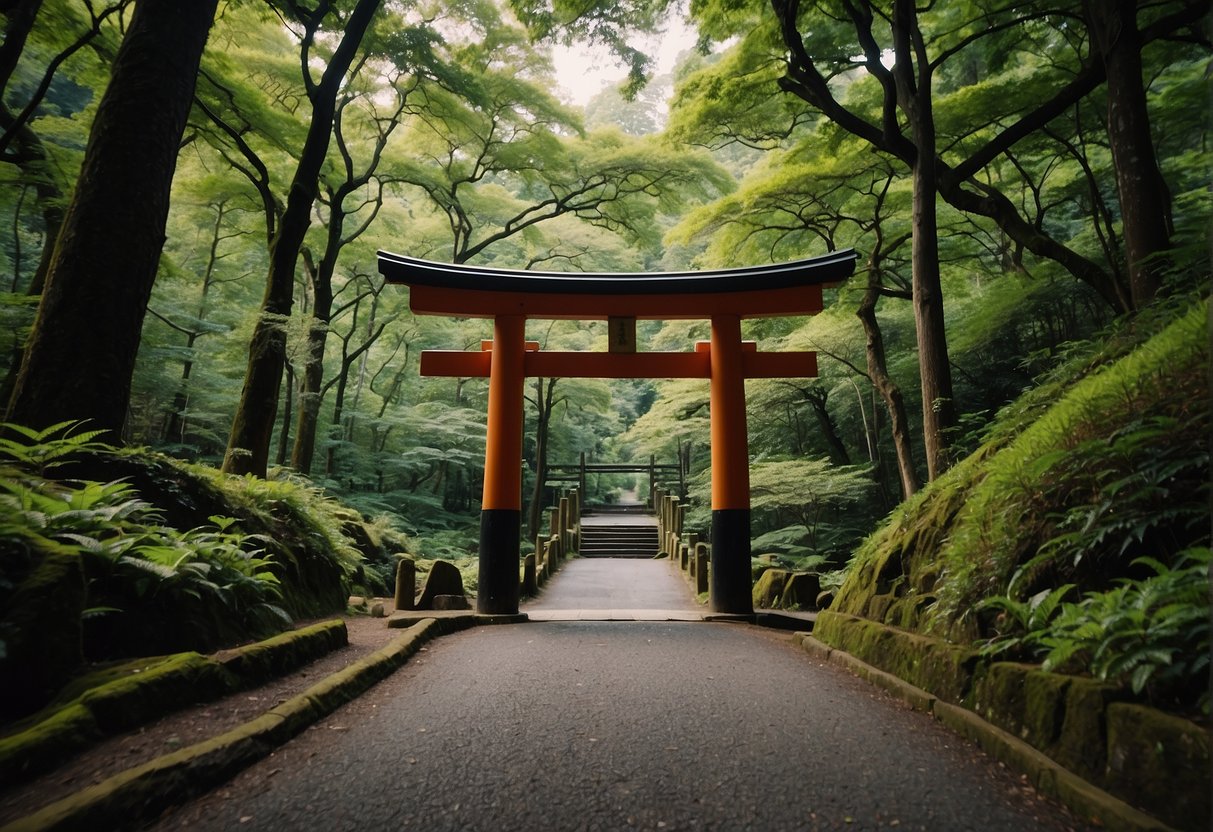 A traditional Japanese torii gate stands at the entrance to a lush forest path, leading from Kyoto to Hakone