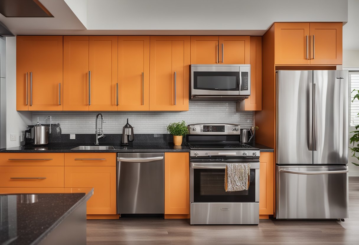 A bright, modern kitchen with orange cabinets, stainless steel appliances, and a sleek granite countertop
