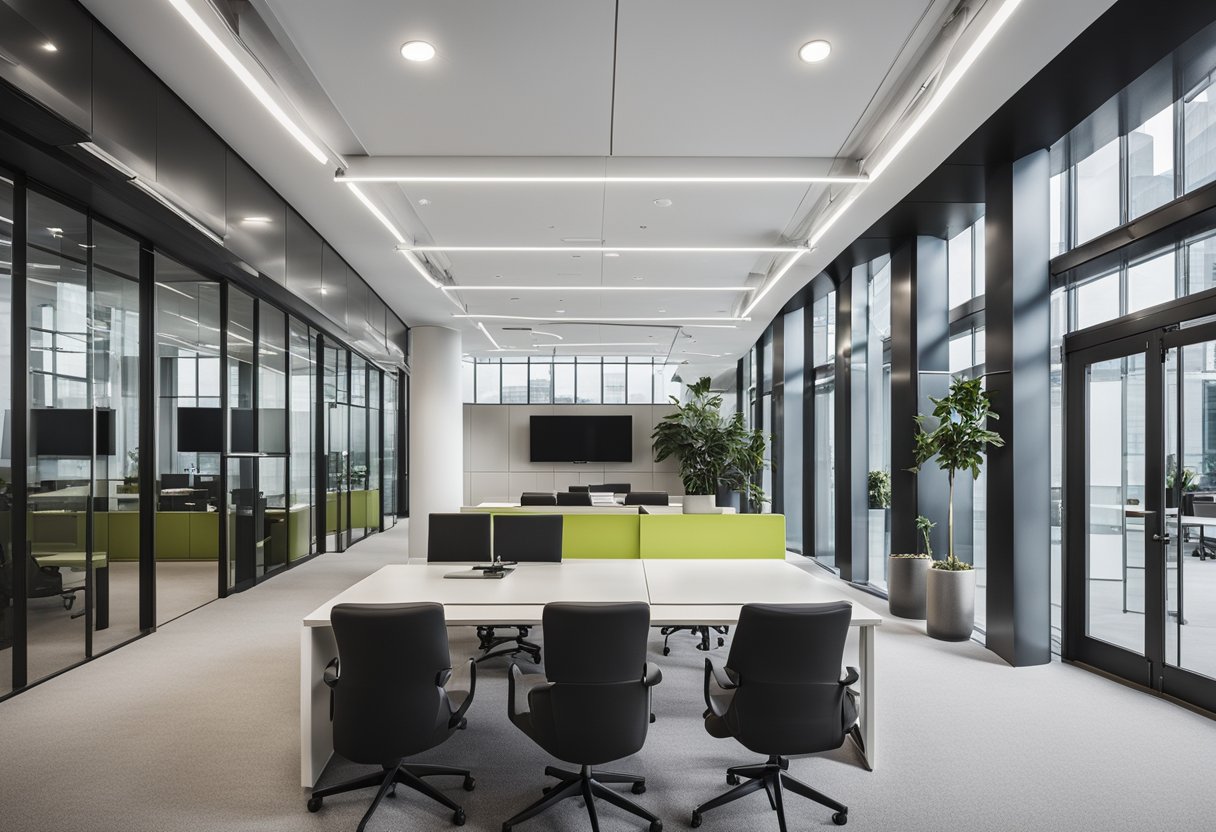 A modern office with sleek, minimalist paneling featuring bold typography and clear signage for "Frequently Asked Questions."