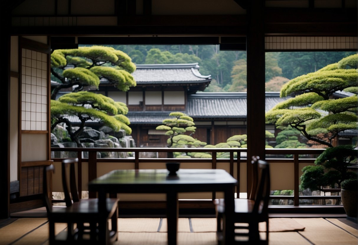 A traditional Japanese inn in Kyoto with a view of the serene gardens and a dining area serving kaiseki cuisine