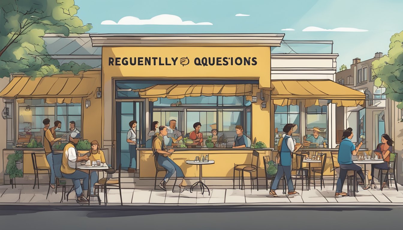 A bustling restaurant with a sign "Frequently Asked Questions tasvee" above the entrance, diners enjoying their meals, and waitstaff moving between tables