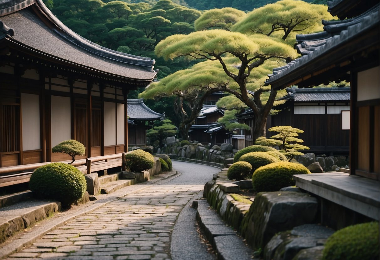 Ancient temples and shrines line the cobblestone streets of Kyoto, surrounded by lush greenery and traditional wooden buildings