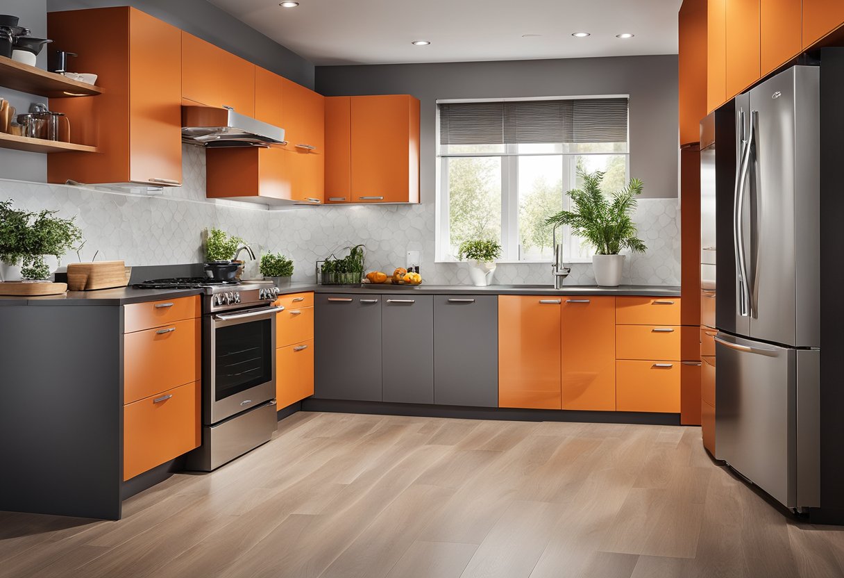 A modern kitchen with sleek orange cabinets, a matching backsplash, and stainless steel appliances. The countertops are a light gray quartz, and the floor is a dark wood laminate