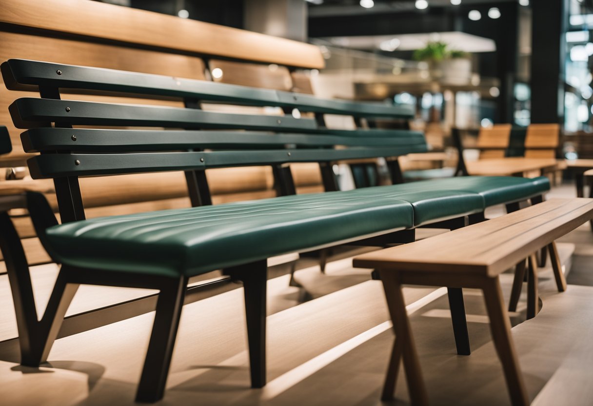 A variety of benches are displayed in a Singapore furniture store, showcasing different designs and materials
