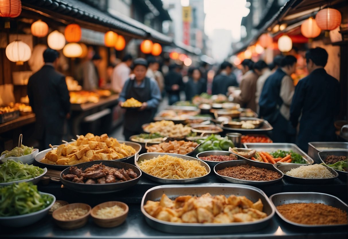 A bustling street in Kyoto and Tokyo, filled with colorful food stalls and bustling with people. The aroma of sizzling meats and savory spices fills the air, while vendors skillfully prepare traditional Japanese dishes