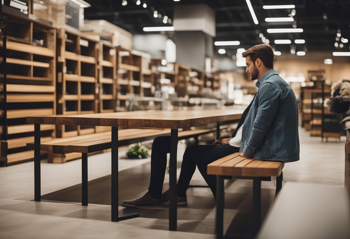 A customer browsing through various benches in a furniture store, considering different styles and designs before arranging for delivery