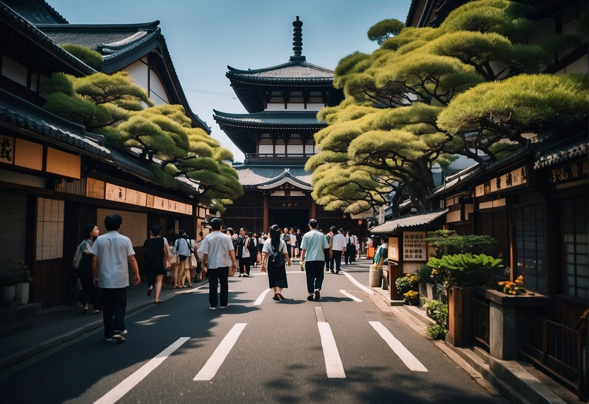 A bustling Tokyo street with crowded sidewalks and neon signs contrasts with a serene Kyoto temple surrounded by peaceful gardens