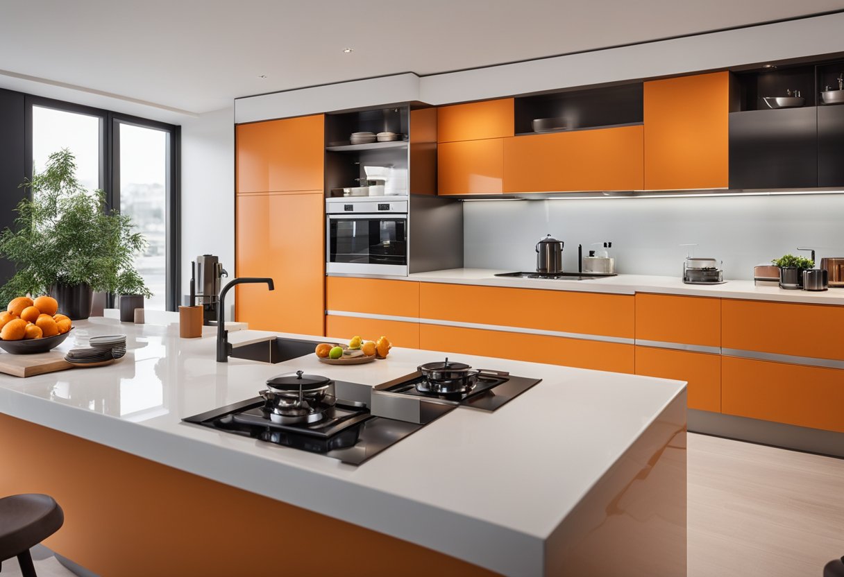 An orange kitchen with modern appliances and sleek countertops, featuring a large island and ample storage space