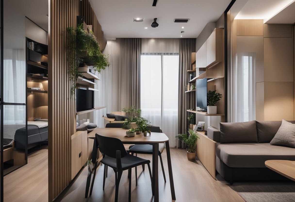 A small Singapore apartment with convertible furniture, maximizing space. Foldable tables, hidden storage, and multi-functional pieces create a versatile living area