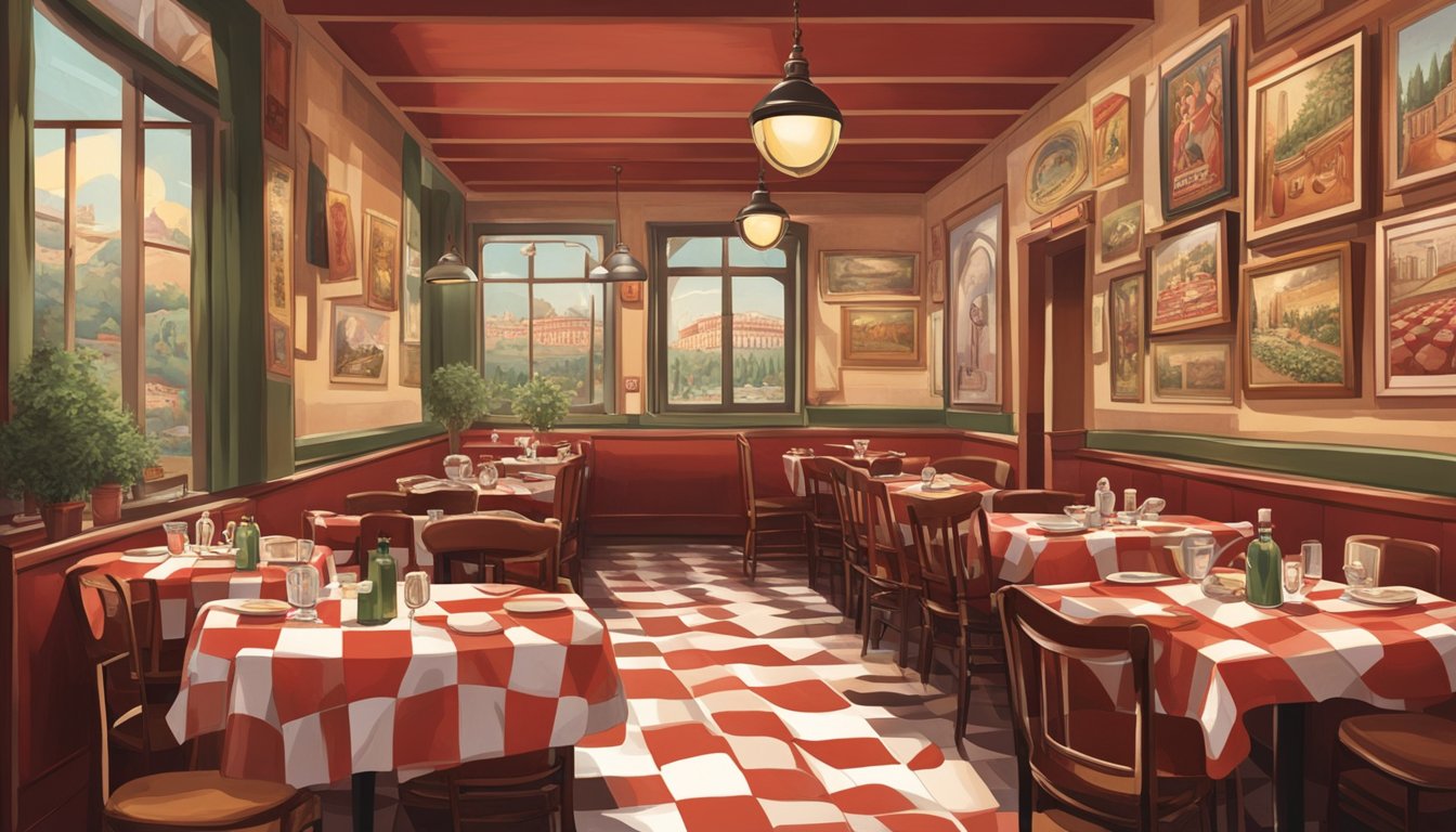 A bustling Italian restaurant with a cozy, dimly lit atmosphere. Tables are adorned with red and white checkered tablecloths, and the walls are decorated with vintage Italian posters. The aroma of garlic and tomato sauce fills the air