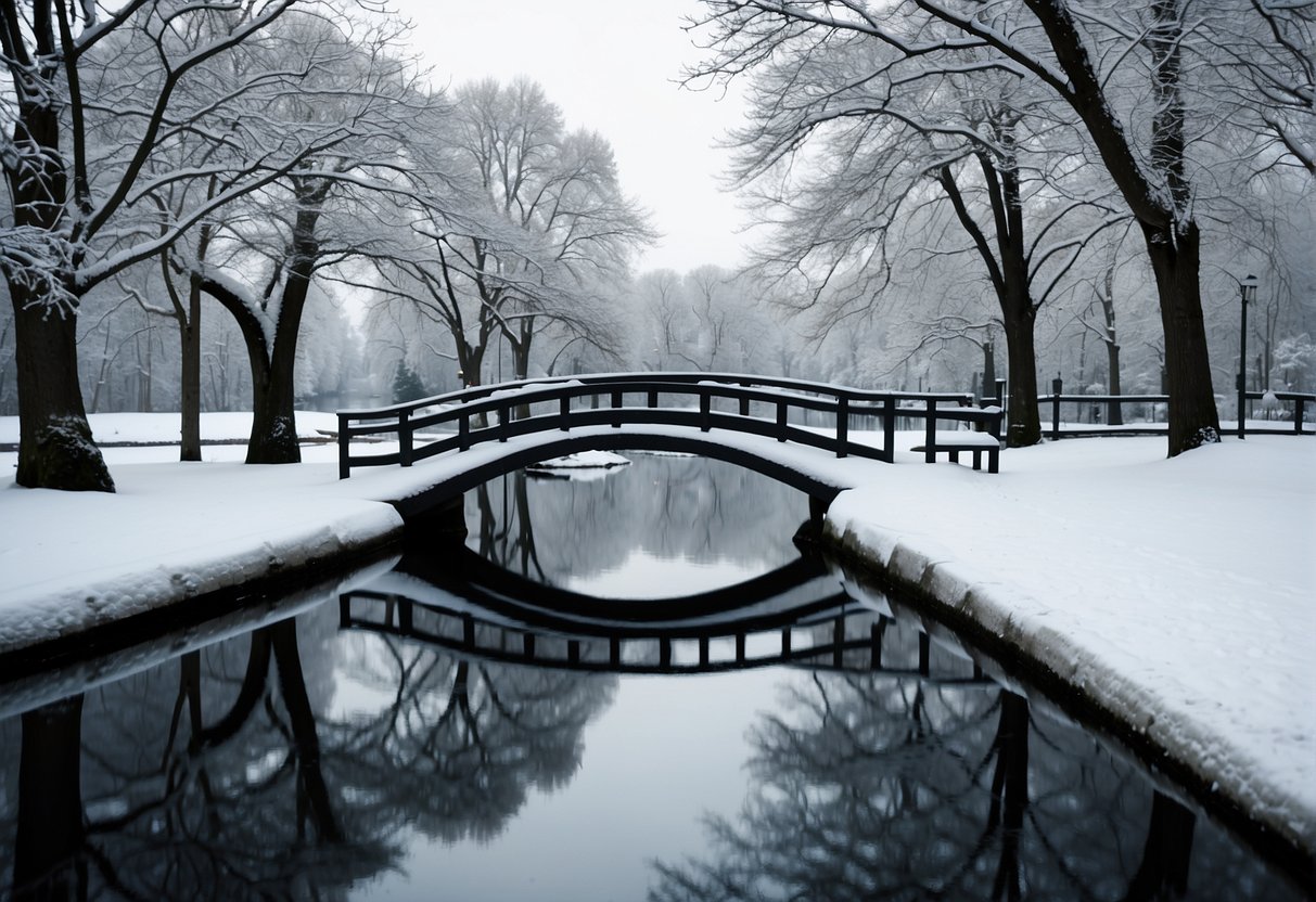 Snow-covered trees line the serene park, with a tranquil pond reflecting the surrounding beauty. A small bridge crosses the water, adding to the peaceful atmosphere