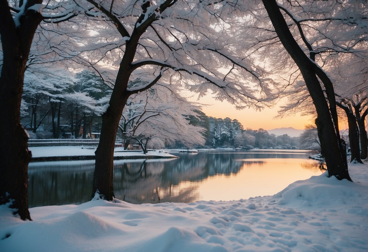 Snow-covered trees surround a serene lake in Kyoto Winter Park