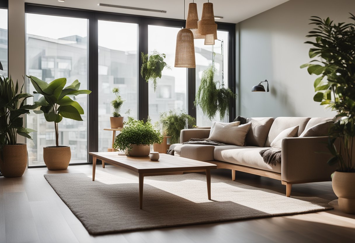 A cozy living room with modern, eco-friendly furniture. Plants, natural light, and a minimalist design create a warm and inviting space