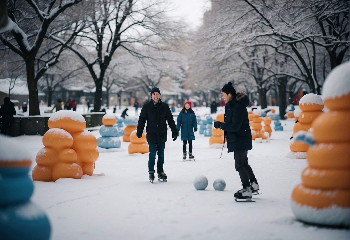 People ice skate, build snowmen, and have snowball fights in a snowy Kyoto park