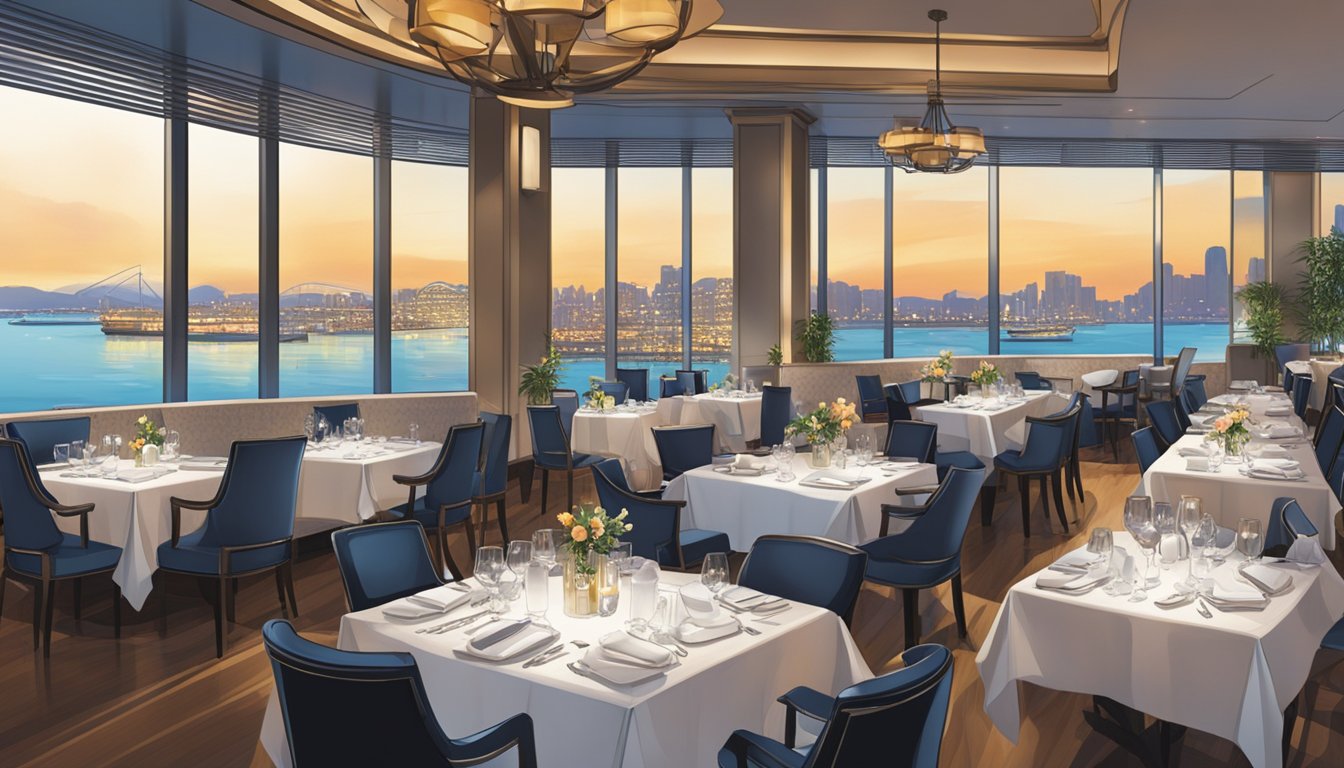 A bustling restaurant overlooks the shimmering waters of Ocean Financial Centre. Tables are set with crisp linens, and patrons enjoy panoramic views of the harbor