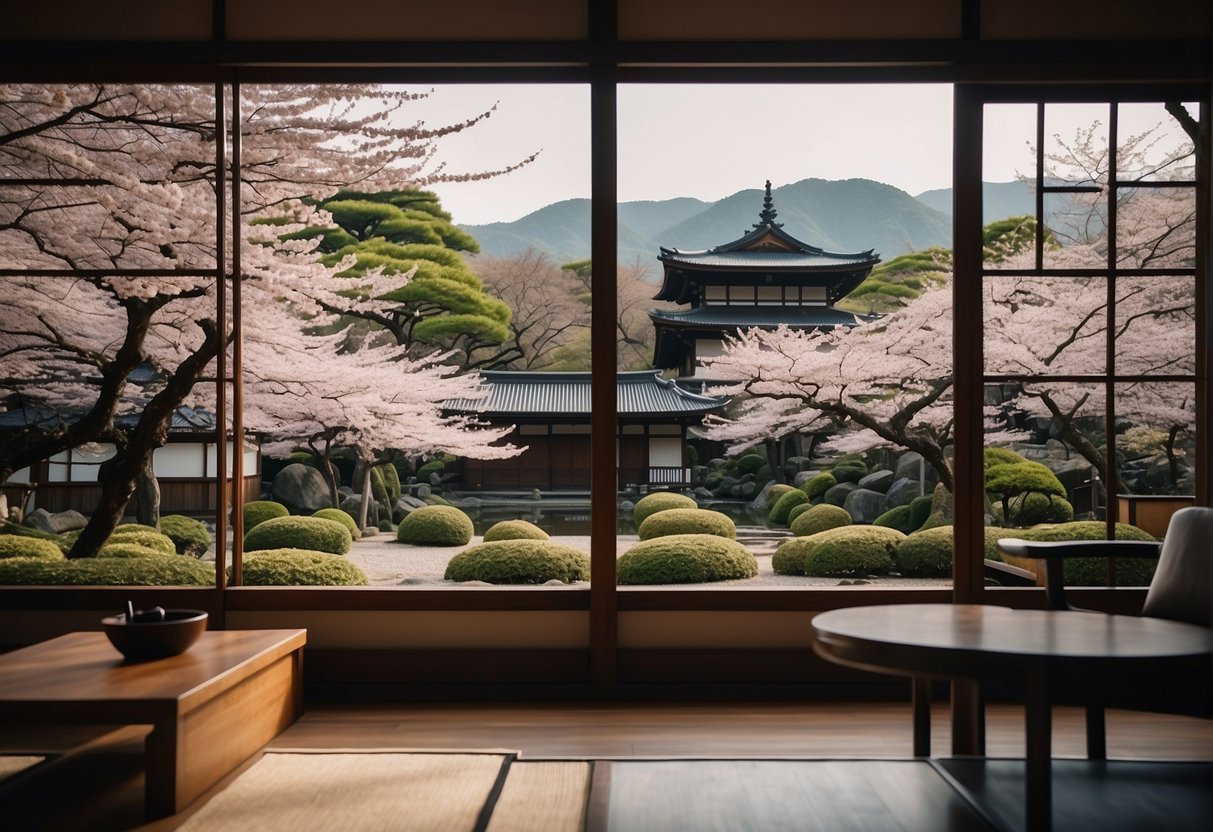 A grand, traditional Japanese hotel nestled among cherry blossom trees in Kyoto, with a serene garden and elegant sliding doors