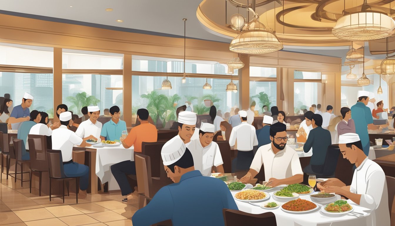 Customers enjoy halal dishes in a bustling Raffles Place restaurant. Aromatic spices fill the air as waitstaff serve steaming plates to eager diners