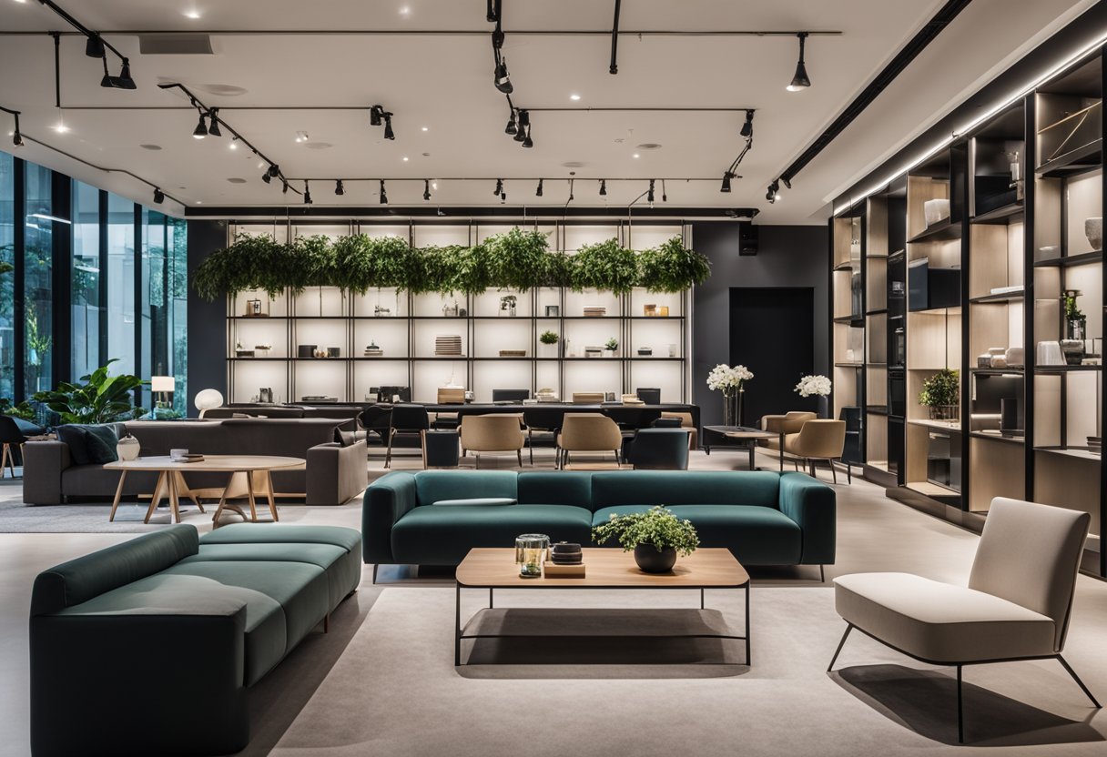 A modern, sleek furniture showroom in Singapore, with minimalist designs and clean lines. Bright lighting highlights the elegant pieces on display