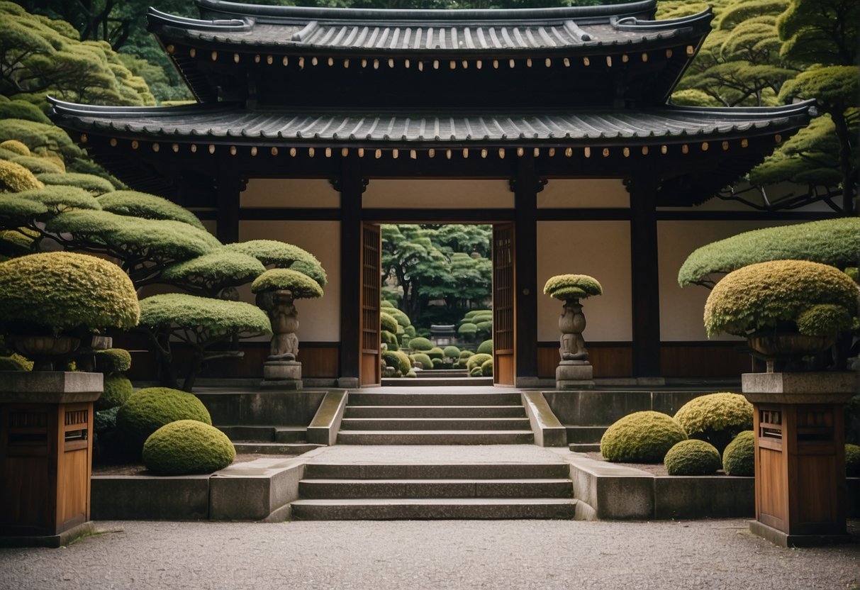 A grand entrance to a luxury hotel in Kyoto, with traditional Japanese architecture and lush gardens