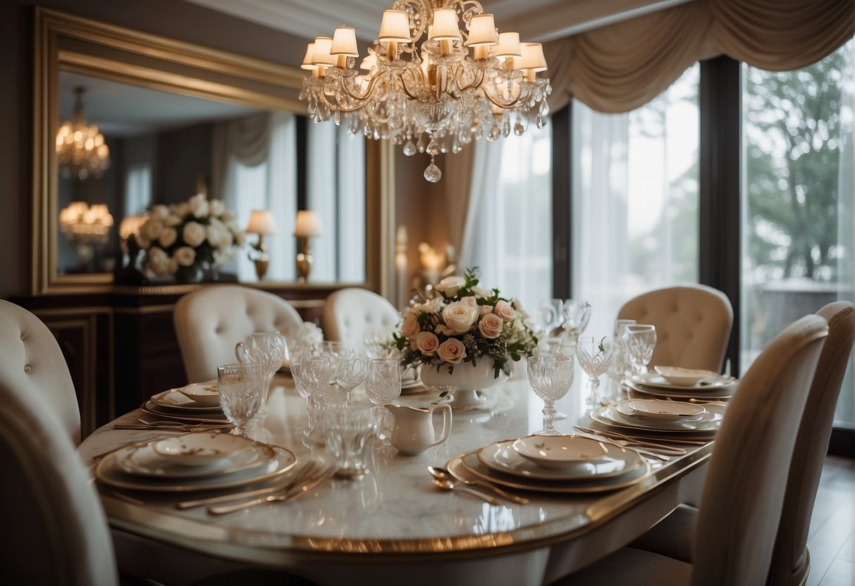 The elegant dining room features opulent decor, soft ambient lighting, and a table set with fine china and crystal glassware