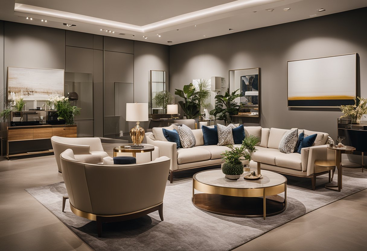A showroom filled with modern and elegant furniture pieces, showcasing Vanguard's unique offerings in a well-lit and spacious setting