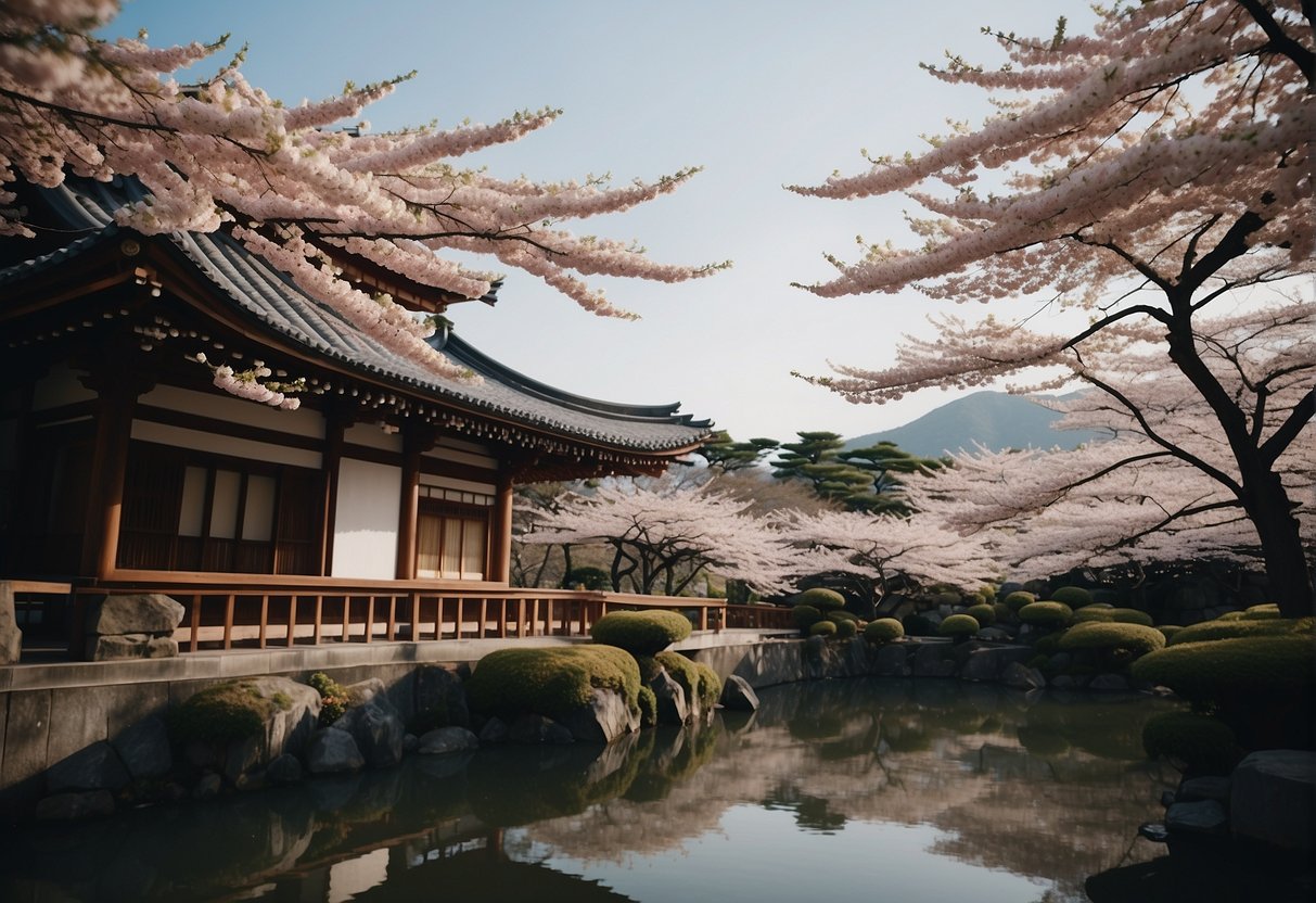 Luxury hotels in Kyoto, with traditional architecture and serene gardens, surrounded by cherry blossoms and ancient temples