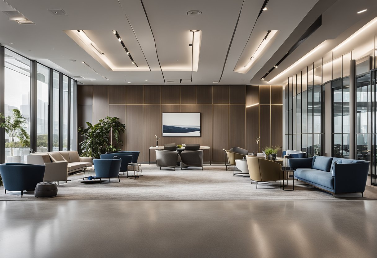 A sleek, modern office lobby with Vanguard Interiors furniture. Clean lines, muted colors, and minimalist decor create a welcoming and professional atmosphere