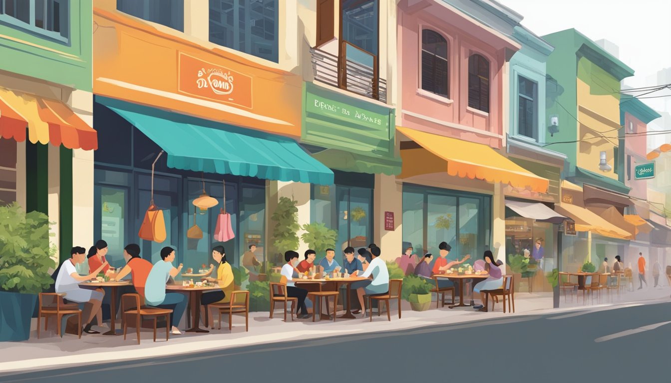 Diners savoring diverse cuisines at Kovan's bustling restaurants. Aromatic steam rises from sizzling dishes, while colorful storefronts line the lively street