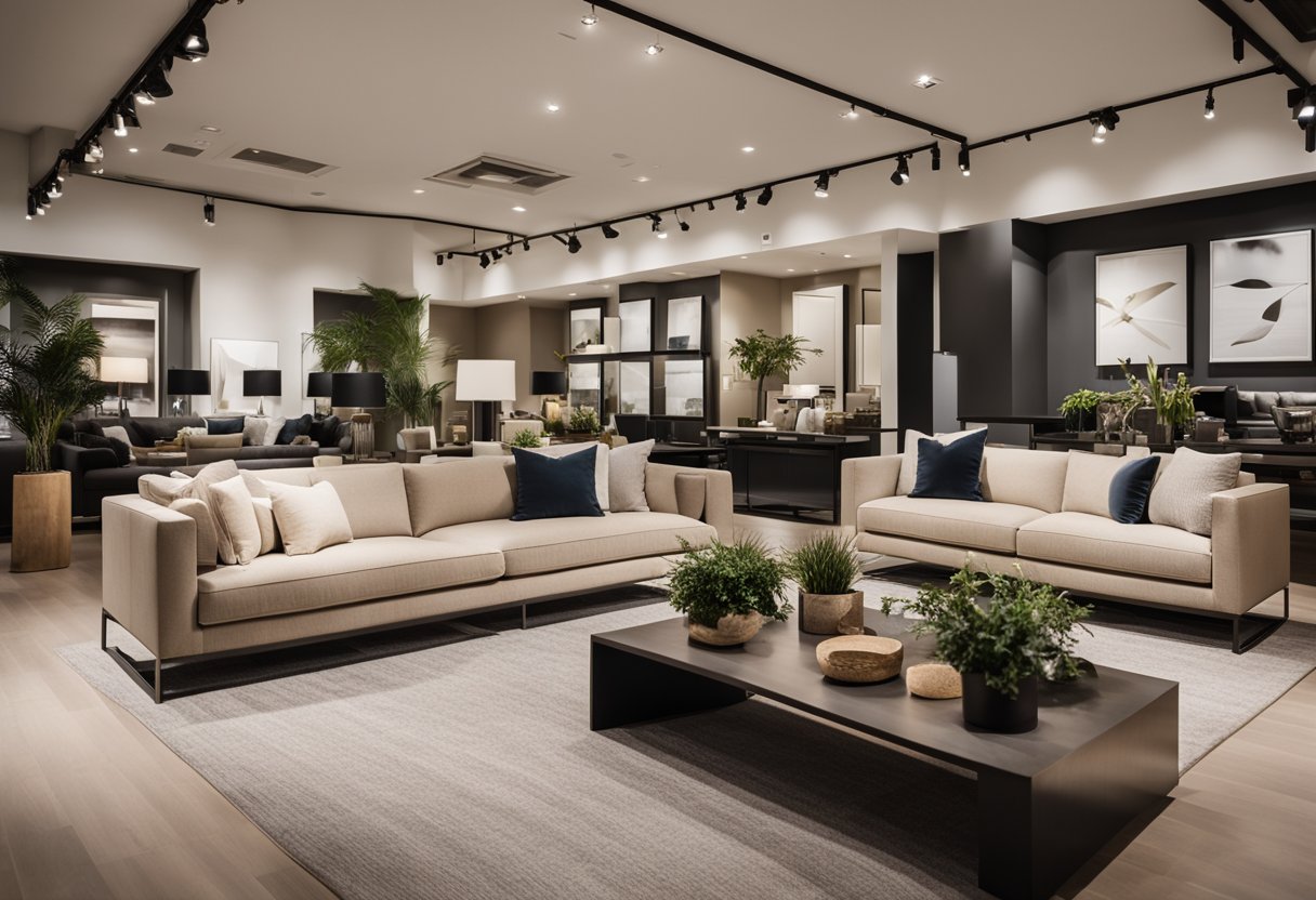 A modern, sleek furniture showroom with contemporary designs on display. Clean lines, neutral colors, and stylish accents create a welcoming atmosphere