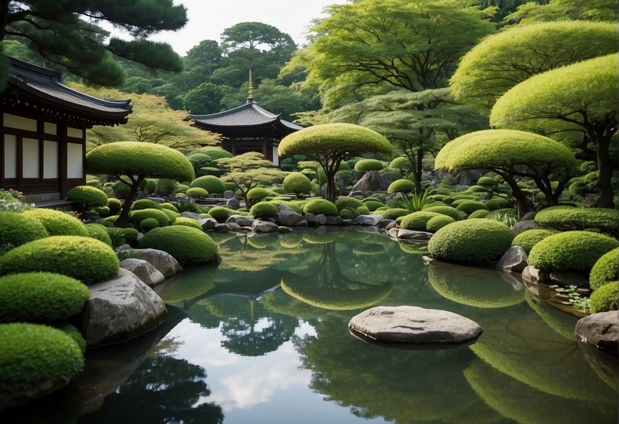 Lush greenery surrounds a tranquil pond in Kyoto Botanical Garden, Japan. A variety of vibrant flowers and plants create a serene and picturesque setting