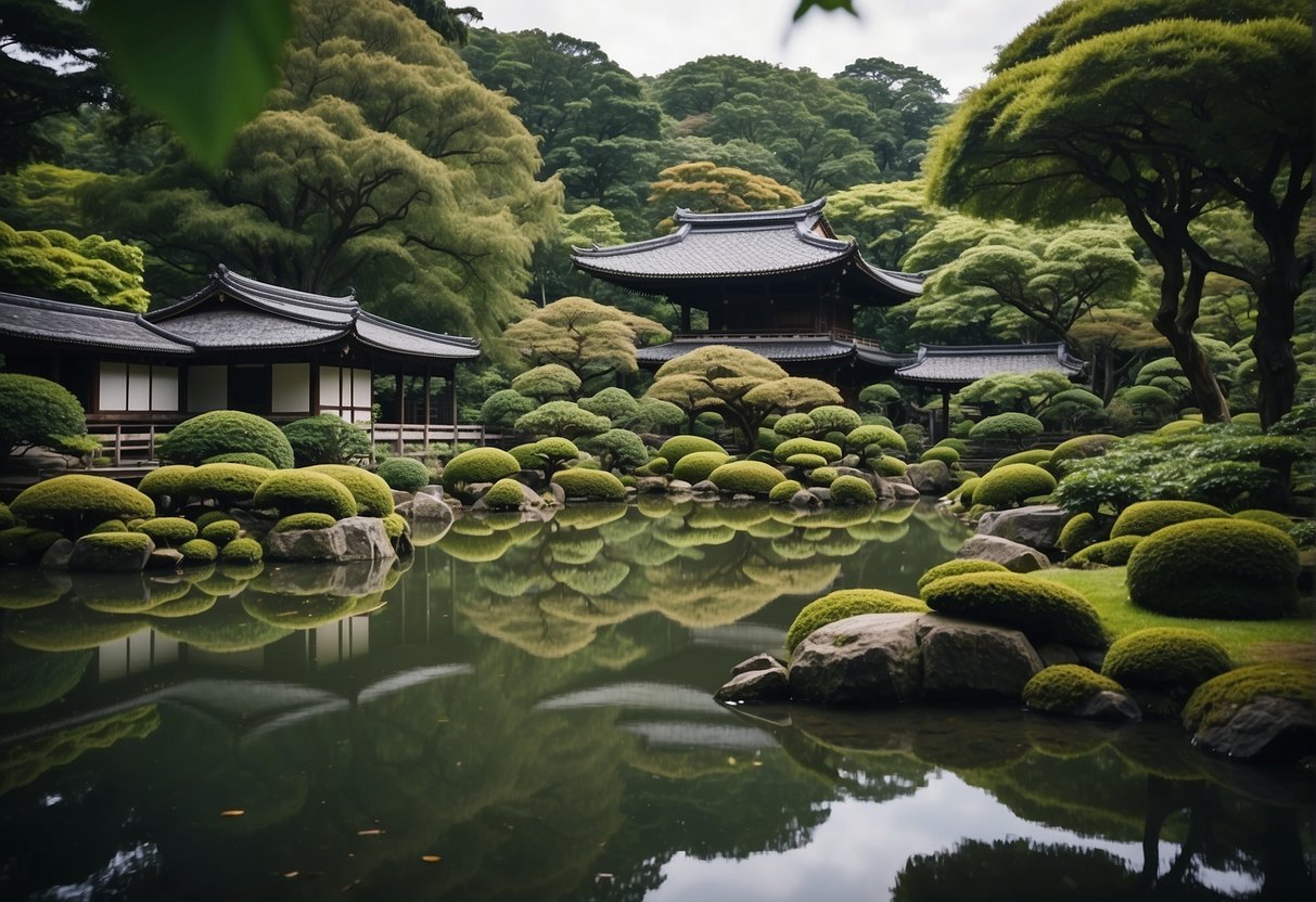 Lush greenery surrounds traditional Japanese architecture at Kyoto Botanical Garden, with vibrant flowers and tranquil ponds