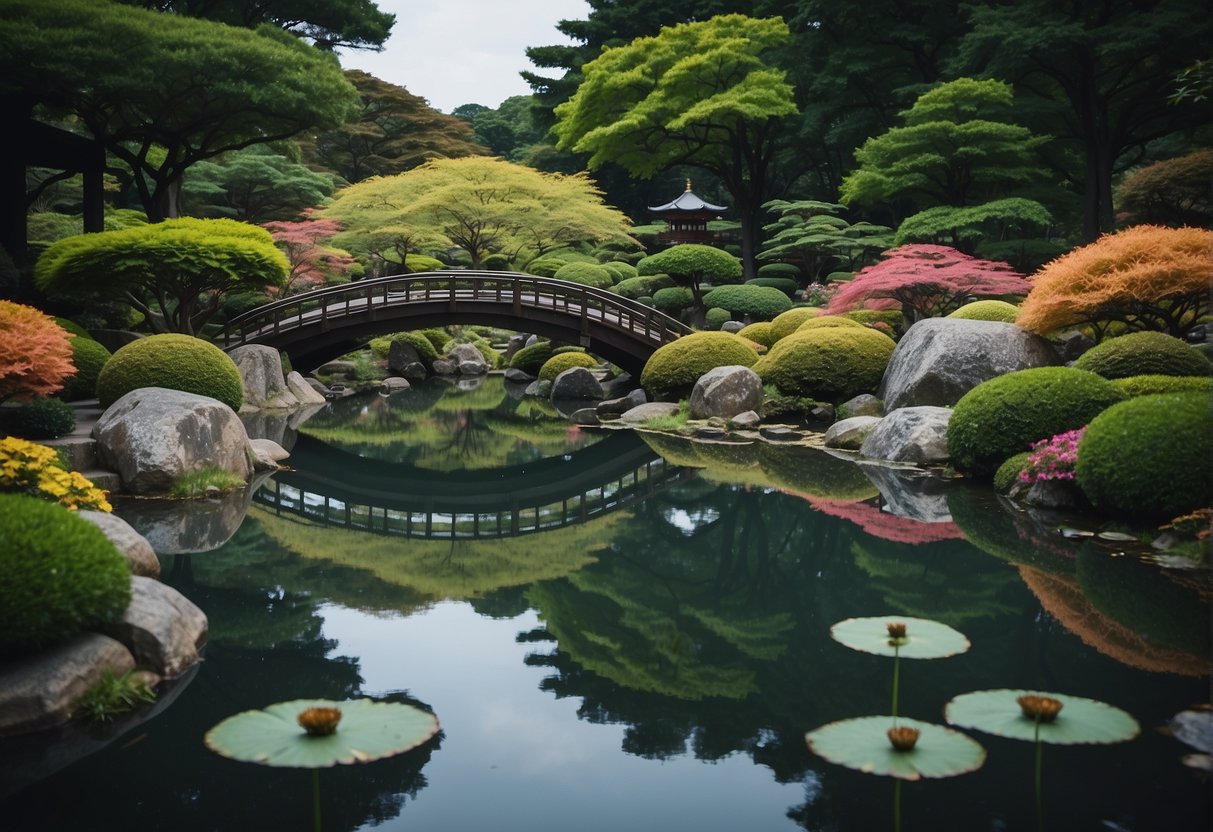 Vibrant flowers and lush greenery fill the serene Kyoto Botanical Garden, with a peaceful pond reflecting the surrounding beauty