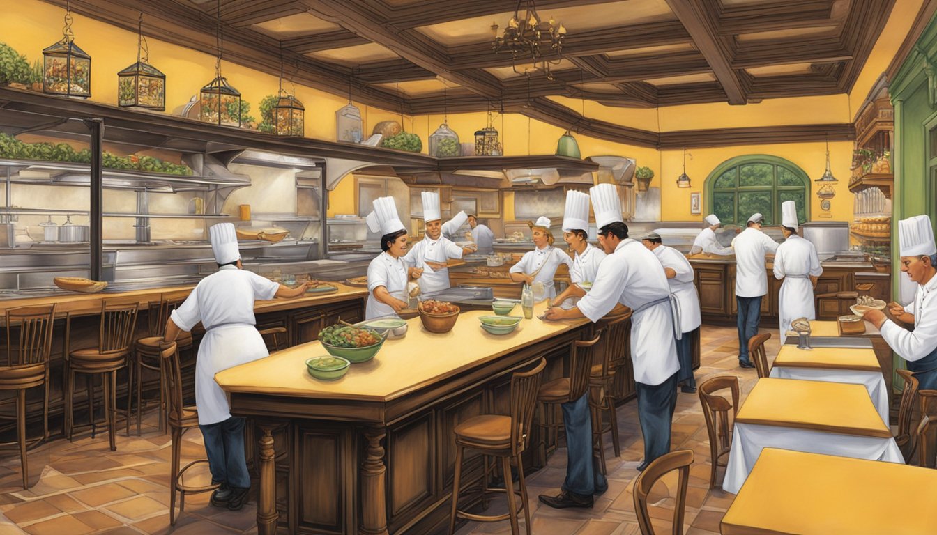 The bustling restaurant buzzes with activity as chefs expertly prepare traditional Italian dishes in the open kitchen, while diners savor the aromas and flavors of the Maestros' culinary creations