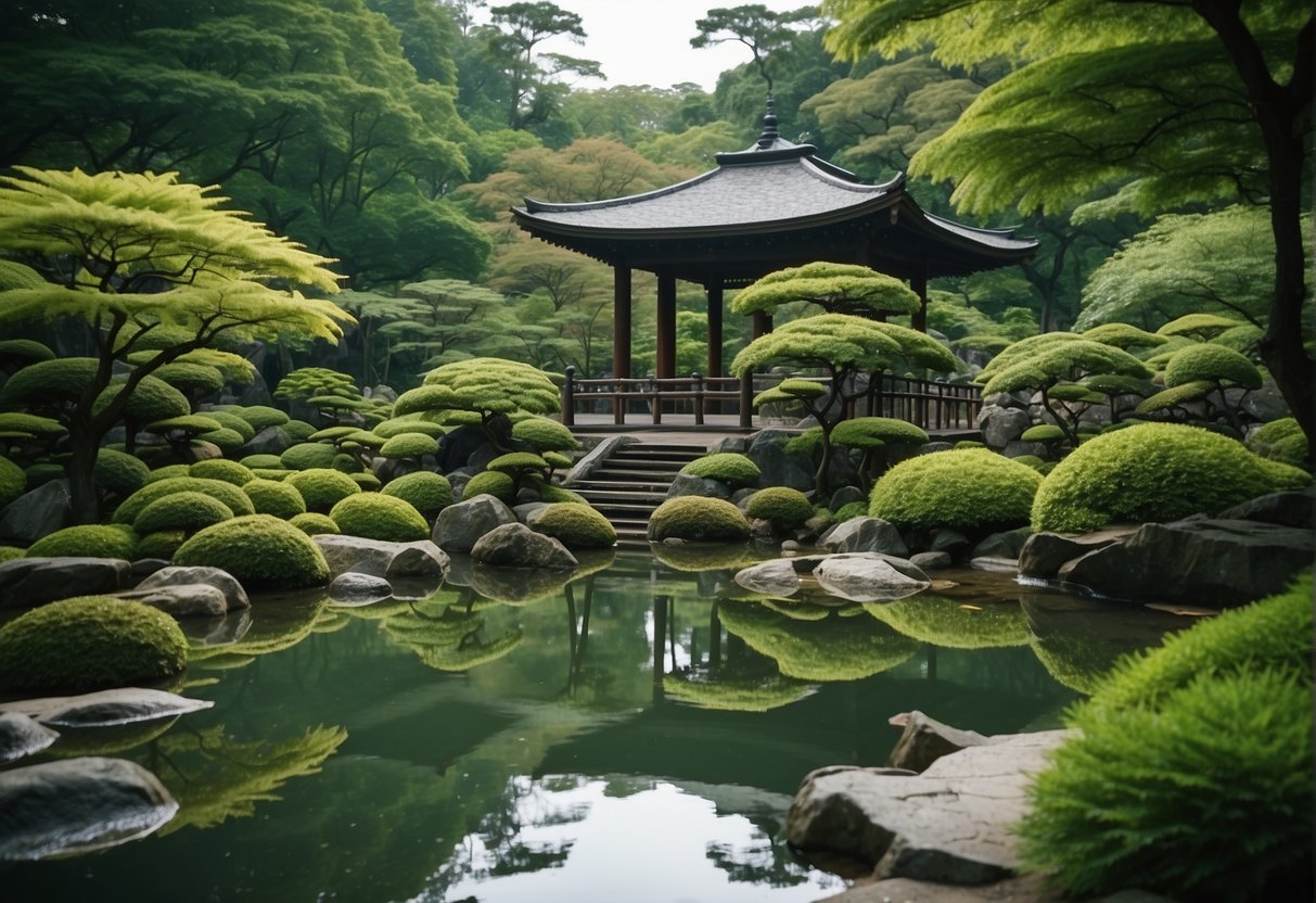 Lush greenery surrounds a tranquil pond in Kyoto Botanical Garden, Japan. Researchers carefully study and protect the diverse plant life