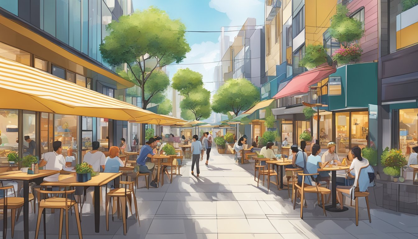 A bustling street lined with modern cafes and casual dining spots in Fusionopolis, with outdoor seating and vibrant signage