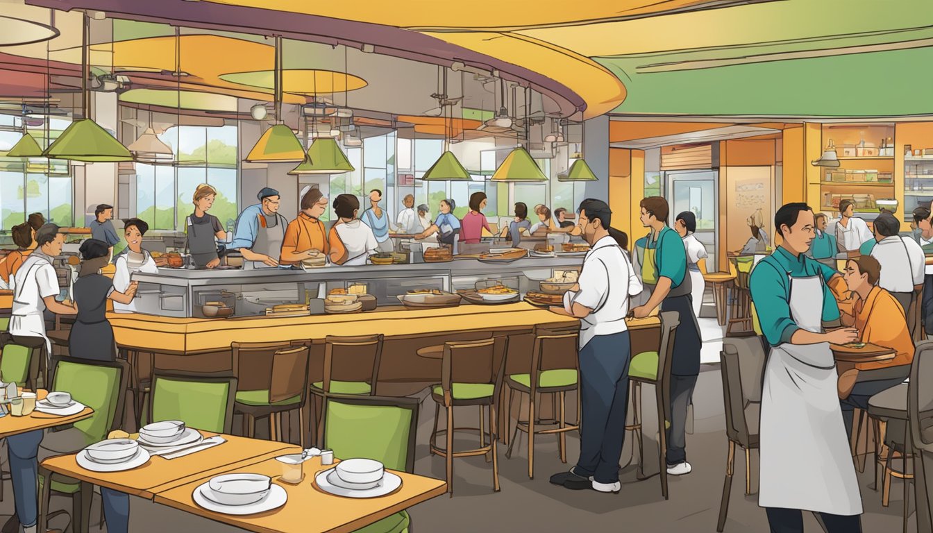 A bustling restaurant scene at Fusionopolis, with customers dining, waitstaff serving, and chefs cooking. Signs display "Frequently Asked Questions" for diners
