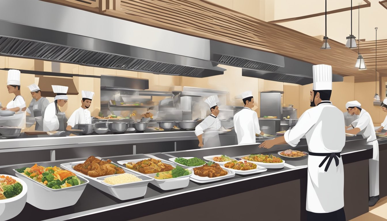 Customers enjoying diverse halal dishes in a bustling Raffles Place restaurant. A chef prepares aromatic dishes in the open kitchen. Tables are filled with satisfied diners