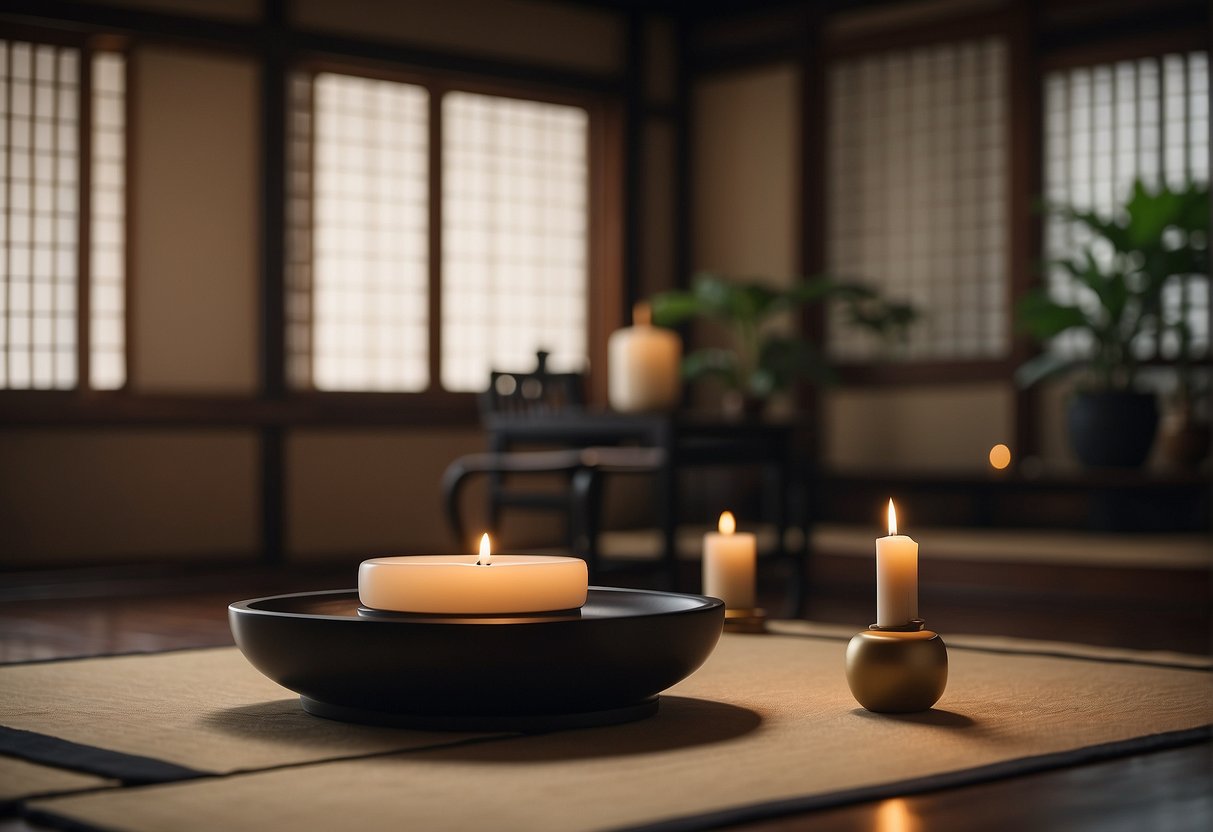 A serene room with traditional Japanese decor, soft lighting, and a massage table in the center. A subtle hint of incense lingers in the air
