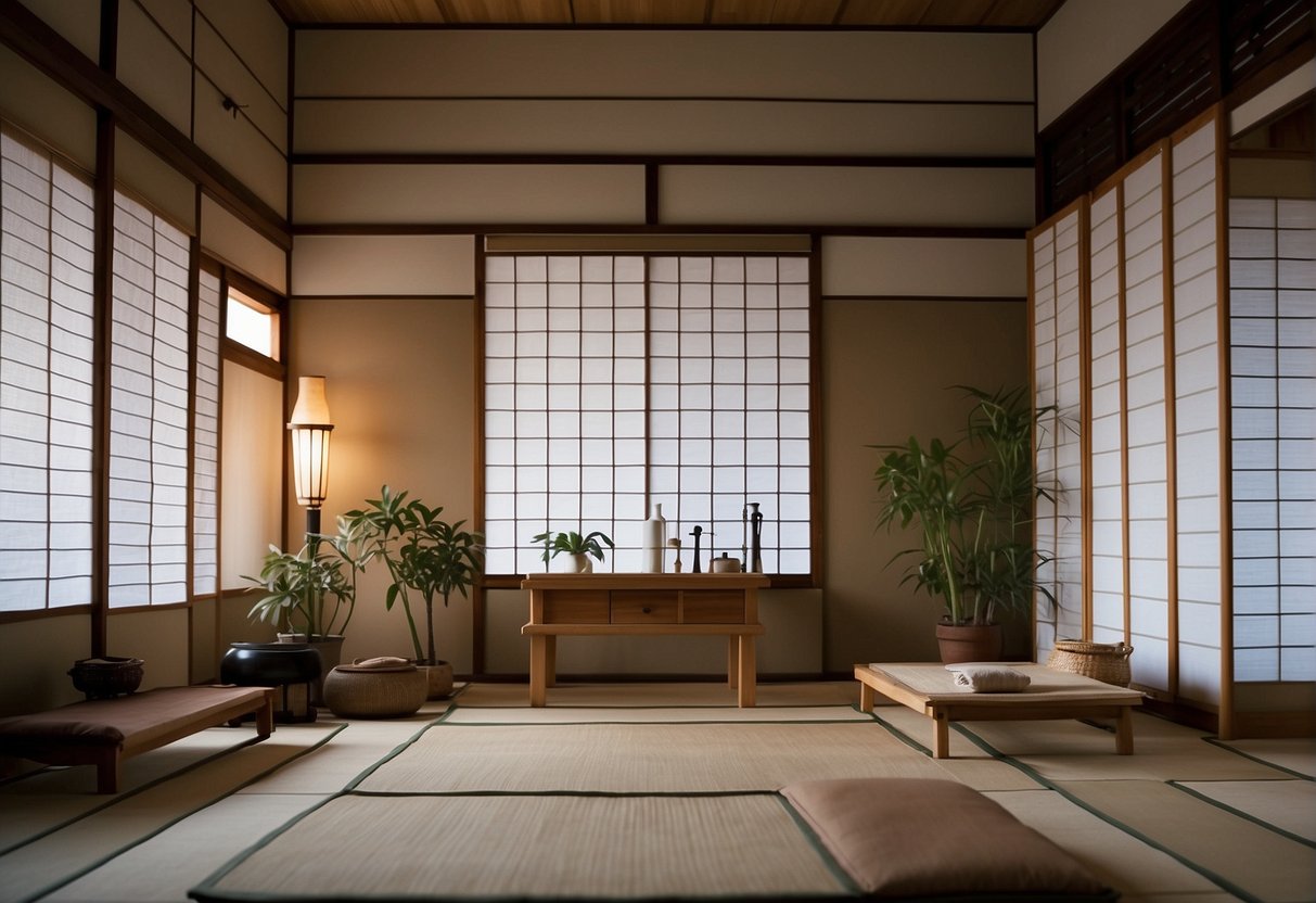A serene Kyoto massage room with traditional tatami flooring, sliding shoji screens, and a low, minimalist massage table. Subtle incense wafts through the air, creating a peaceful and calming atmosphere