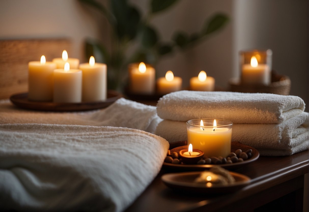 A serene room with soft lighting and calming music. A massage table with folded towels and aromatic oils. A tranquil atmosphere for relaxation and rejuvenation