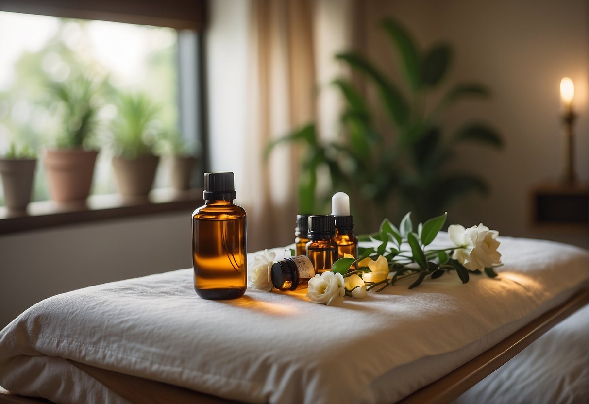 A serene room with soft lighting, tranquil music, and aromatic scents. A massage table with luxurious linens and essential oils displayed