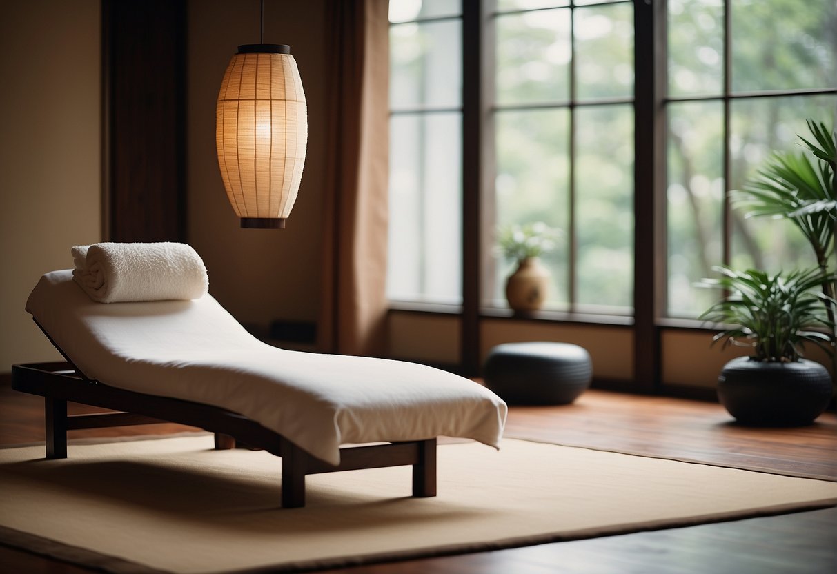 A serene room with traditional Japanese decor, soft lighting, and a massage table surrounded by calming aromas and soothing music